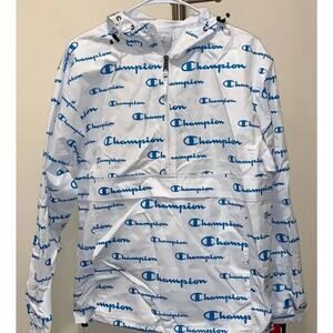Champion Packable Jacket Scripts Hoodie Rain Windbreaker White S Men New NWT
